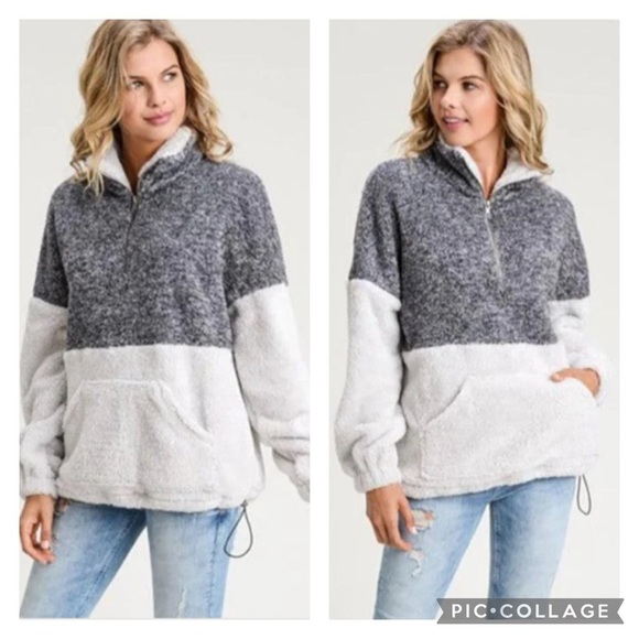 Merokeety Colorblock Charcoal & White Sherpa Quarter Zip Pullover Size Medium - Picture 2 of 13
